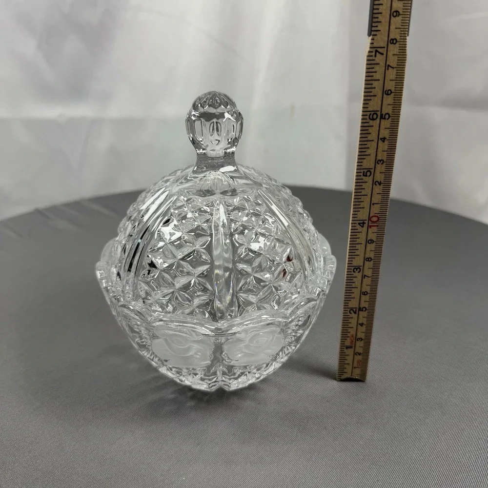 Vintage Cut Lead Crystal Candy Dish with Lid – Frosted Roses‎ 